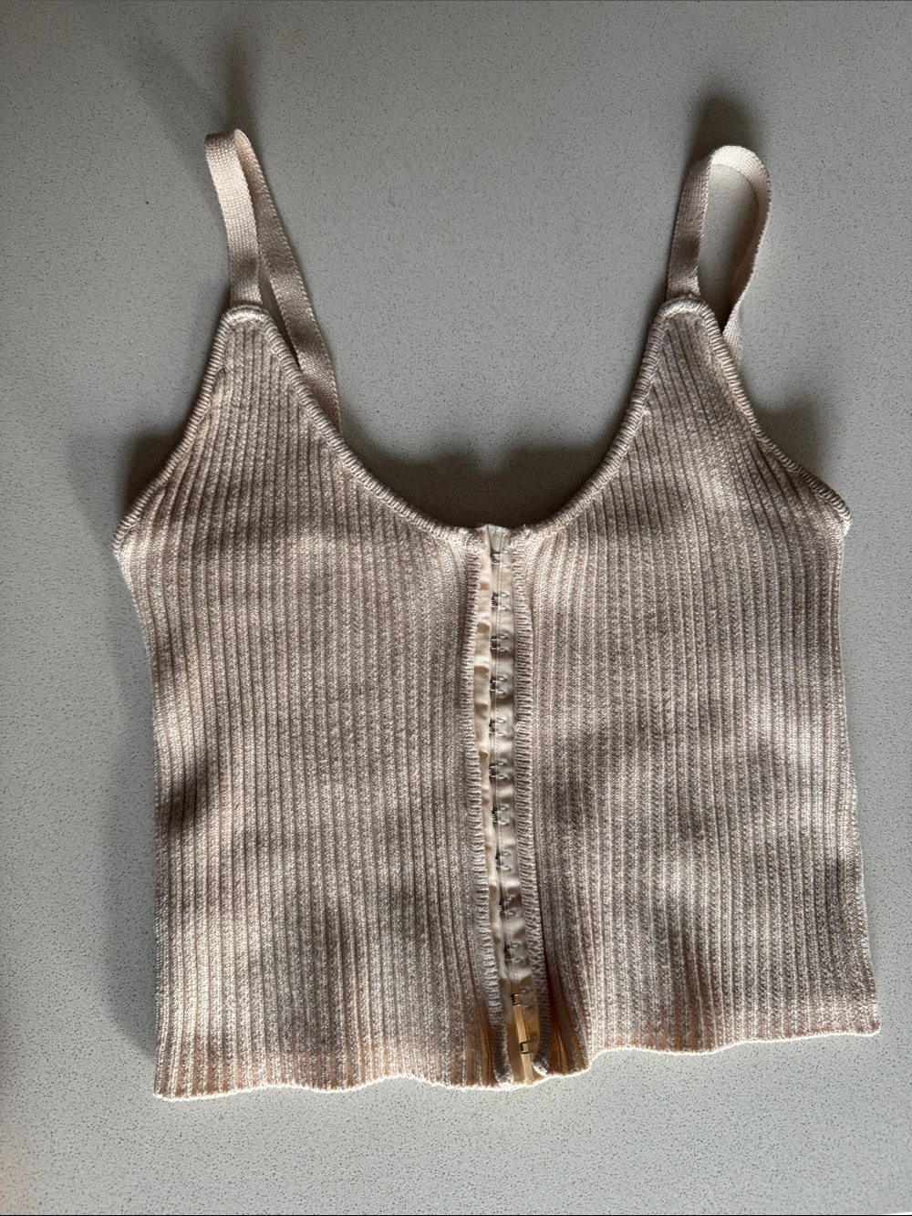 Zara Ribbed Front-clasp Tank Top in Beige